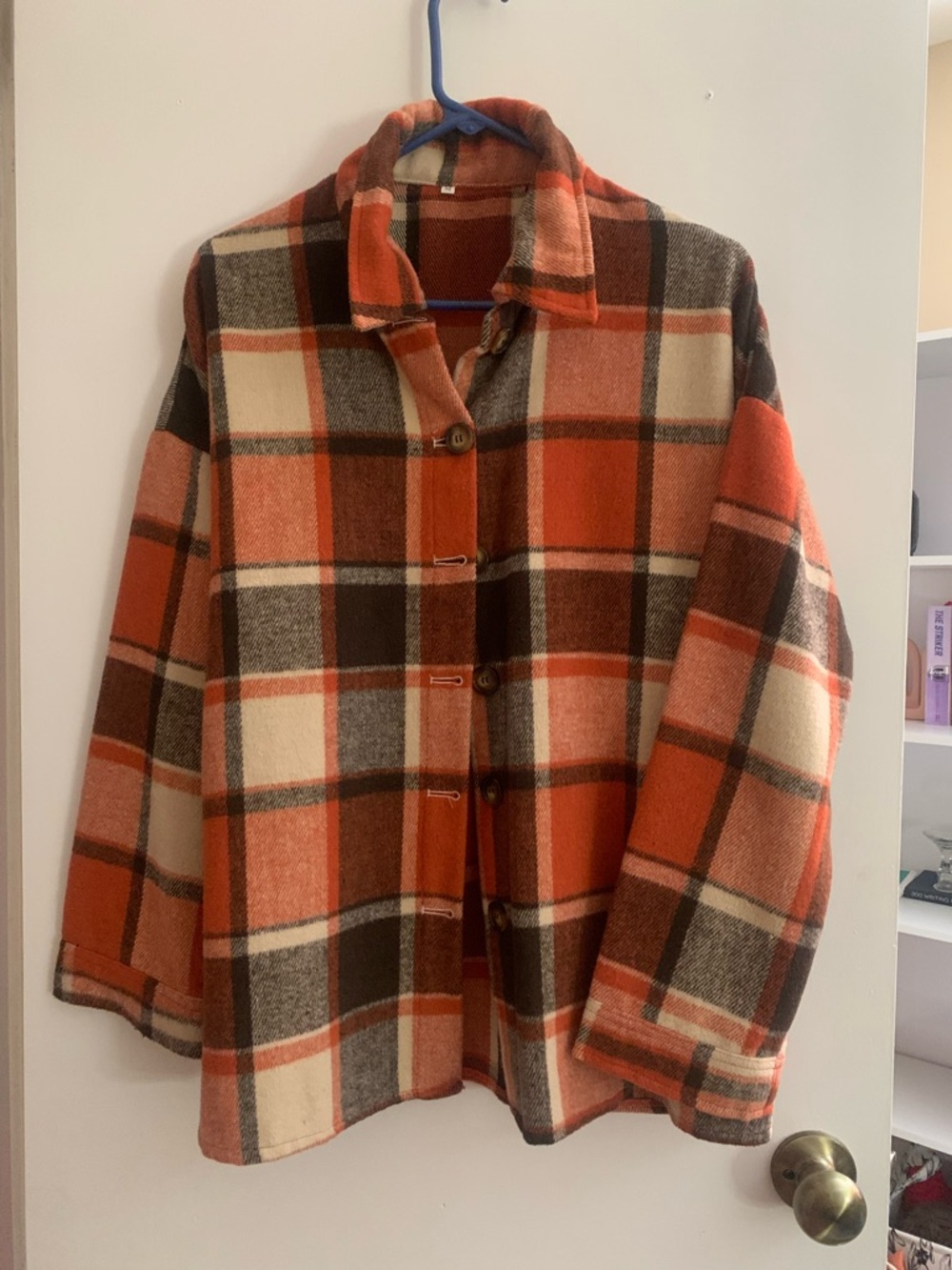 Plaid Button-Up Shacket Jacket in Orange, Brown & Cream